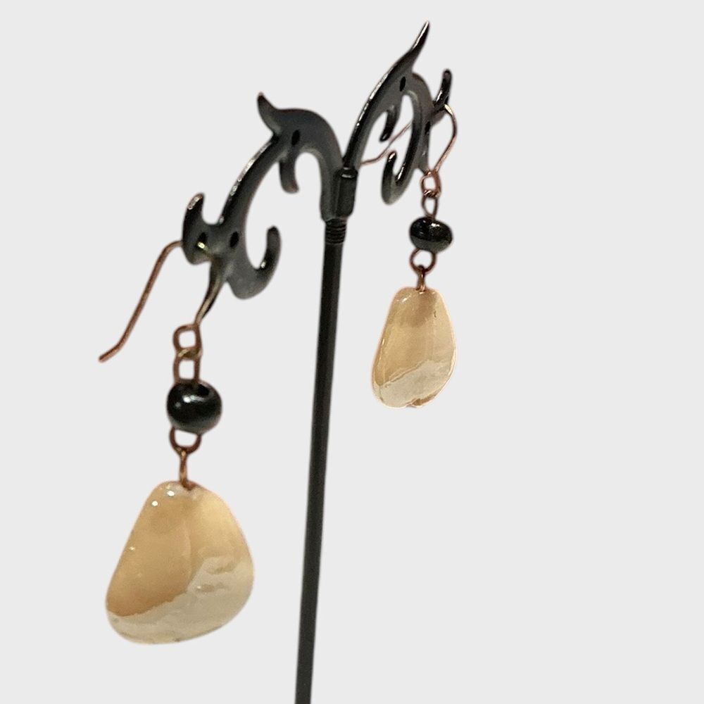 Vintage Gold Tone Cream Marbled Drop Dangle Earrings Boho
